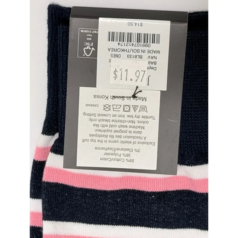 J.Crew Navy Pink White Striped Cotton Blend Crew Socks One Size BL8133